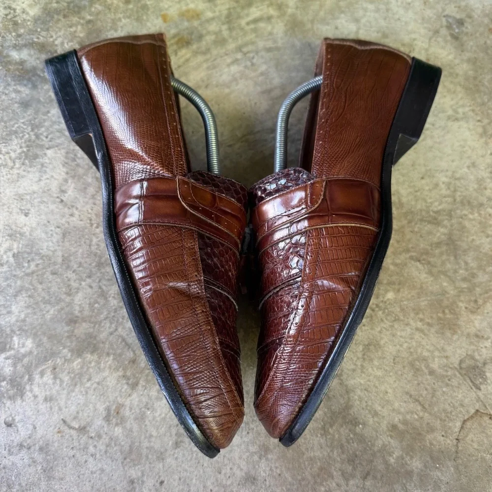 Vintage 90s Stacy Adams Genuine Snake Tassel Loafers Western Brown 11